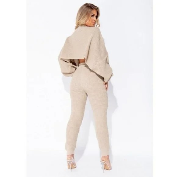 Beige Knitted Long Sleeve Sweater Crop Top and High Waist Pants Two Piece Set - Picture 5 of 16